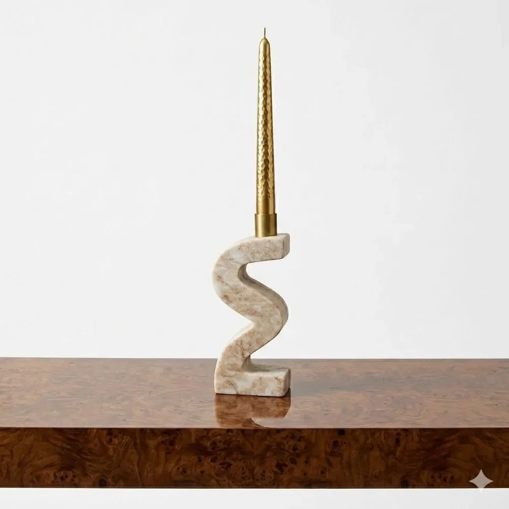 Marble Brass Abstract Zigzag Candlestick Holder Tan Handmade India Modern Decor